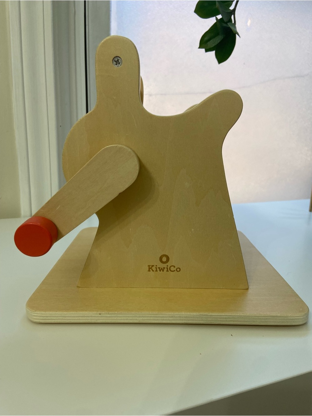Kiwi Co Natural Wood Hand Crank Toy Play Pasta Maker with Red Accent